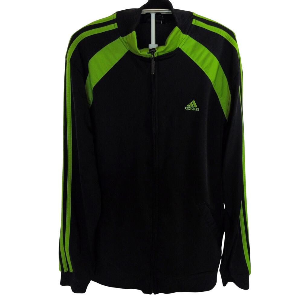 Adidas Mens Track Jacket Full Zip Black Lime Green 3 Stripe Activewear Small S